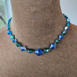Vtg. Blue and Green Irridescent Glass Beaded Choker Necklace 15"